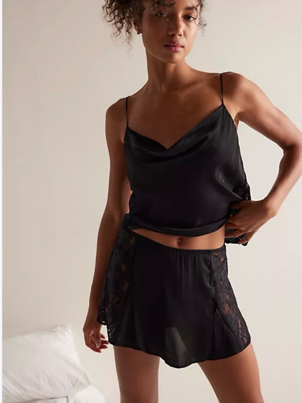 Satin Lace Cami & Short Sleep Set in Black